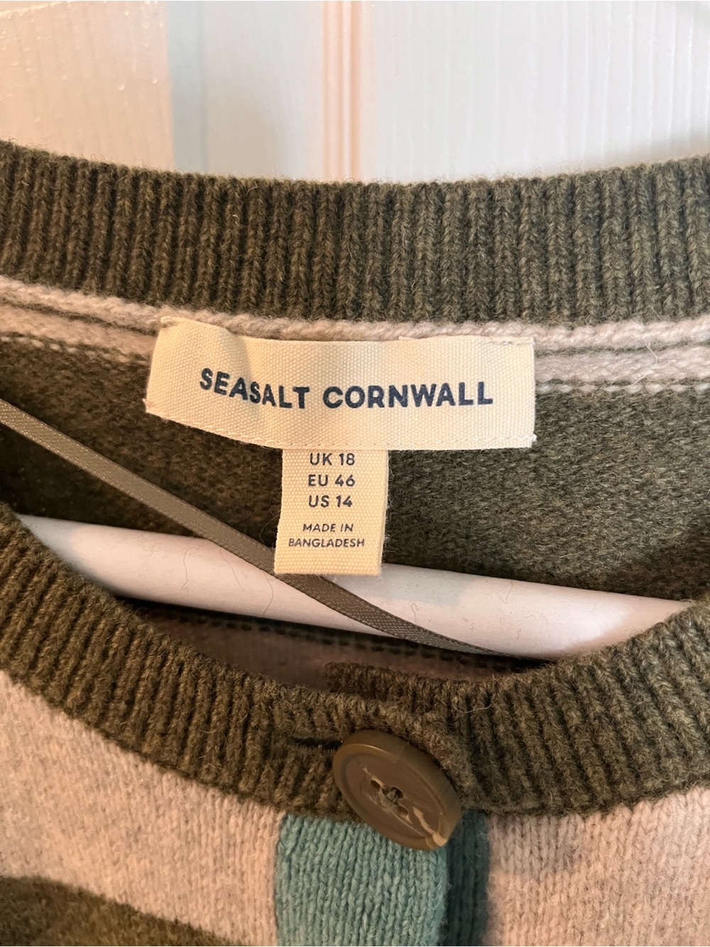 Seasalt Cornwell Striped Olive & Cream Button-Front Sweater Cardigan - Picture 7 of 10